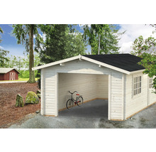 Holzgarage mit Fahrrad, Holzwänden und schwarzem Dach