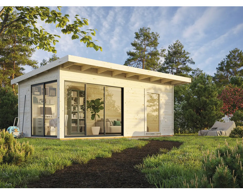 Modernes Gartenhaus aus Holz mit Glasfront im Garten