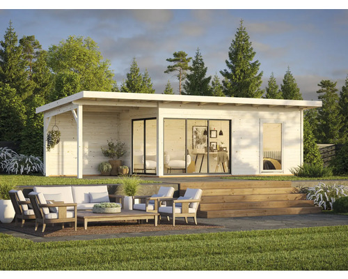 Modernes Gartenhaus mit Terrasse und Gartenmöbeln in grüner Umgebung.