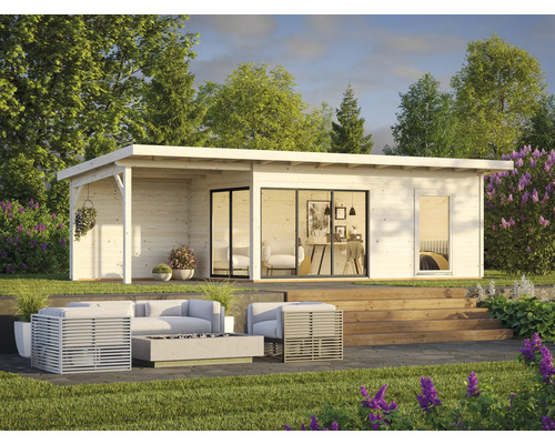 Modernes Gartenhaus aus Holz mit Terrasse und Gartenmöbeln