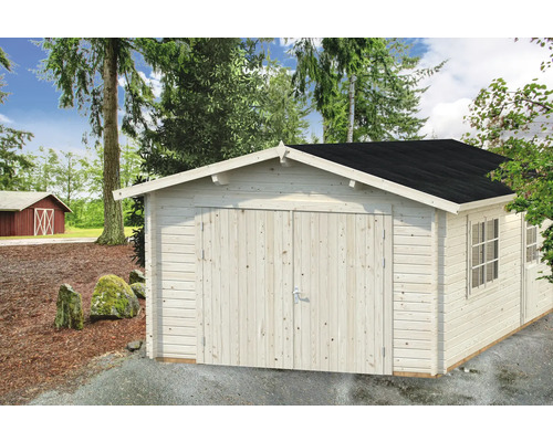 Holzgartenhaus mit Doppeltür und Fenstern im Garten