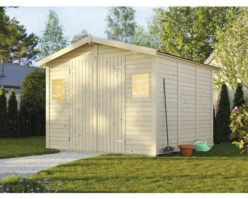 Gartenschuppen aus Holz mit Fenstern und Satteldach im Garten.