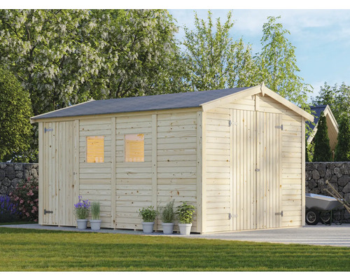 Holzgartenhaus mit Doppeltür und Fenstern im Garten