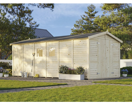 Gartenschuppen aus Holz mit Doppeltür und Fenster im Garten