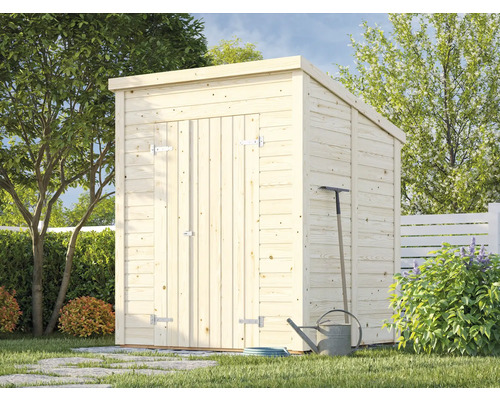 Gartenhaus aus Holz mit Pultdach und Gartengeräten im Garten