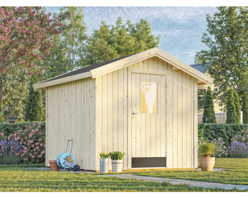 Gartenhaus aus Holz mit Tür und Fenster im Garten