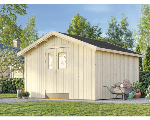 Holzgartenhaus mit Doppeltür und Schubkarre im Garten