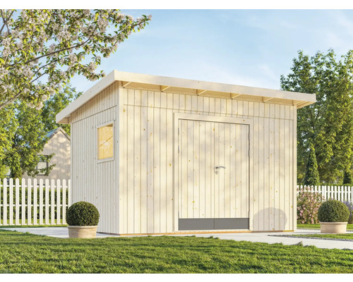 Holzgartenhaus mit Tür und Fenster im Garten