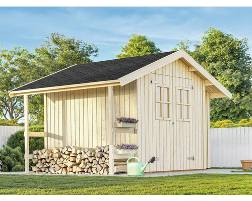 Holzgartenhaus mit Holzlager und Fenster