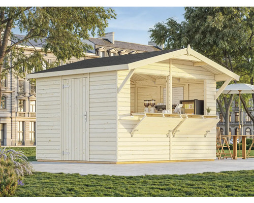 Holzgartenhaus mit Verkaufsfenster und Tür