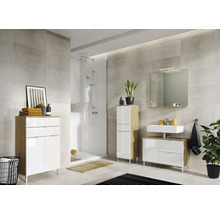 Modernes Badezimmer mit Dusche, Waschbeckenunterschrank, Spiegelschrank und Hochschrank