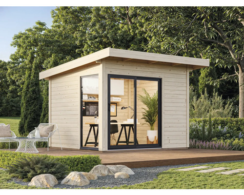 Gartenhaus Palmako Andrea 7,5 m² Slide Plus inkl. Fußboden 340 x 352 cm natur Modernes Gartenhaus mit Schiebetür, Terrasse und Büroeinrichtung im Garten