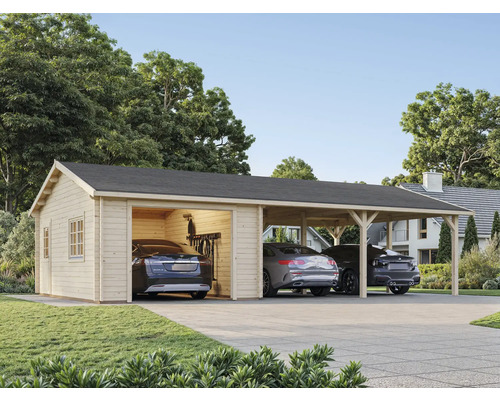 Einzelgarage Palmako Roger 19,0+33,2 m² ohne Tor 1006 x 619 cm tauchgrundiert Geräumige Garage mit Carport aus Holz mit drei geparkten Autos