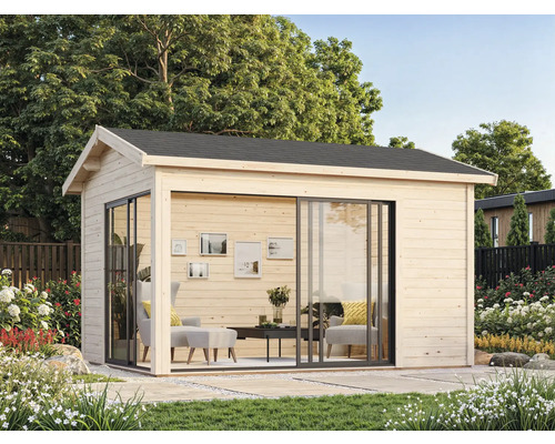 Gartenhaus aus Holz mit Schiebetüren und Inneneinrichtung