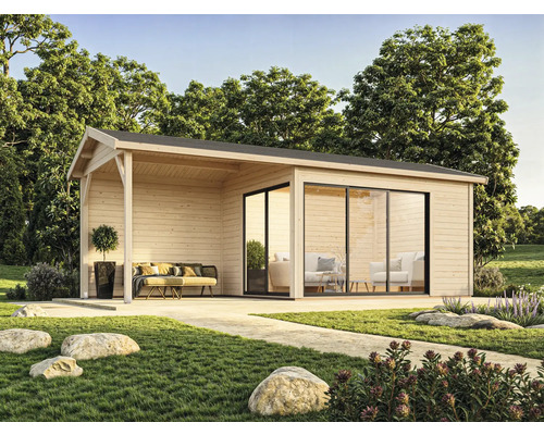 Modernes Gartenhaus mit überdachter Veranda und Schiebetüren aus Glas