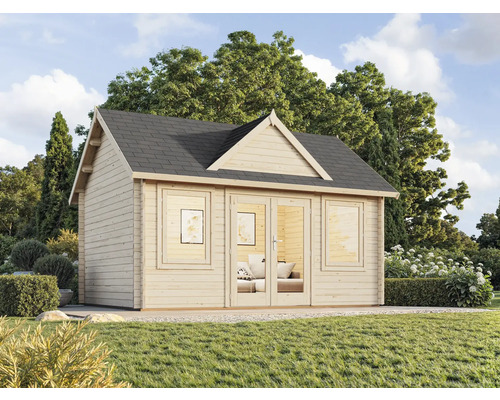 Holzgartenhaus mit Satteldach im Garten