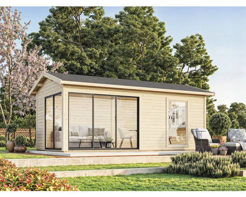 Gartenhaus mit Schiebetüren und Fenstern in einem Garten