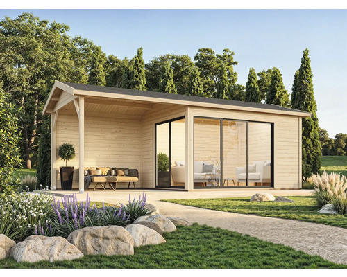 Gartenhaus aus Holz mit Terrasse und Schiebetür im Garten