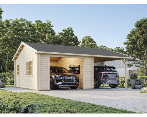 Holzgarage mit zwei Autos auf der Auffahrt