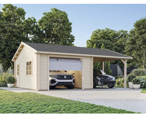 Holzgarage mit Carport und zwei parkenden Autos