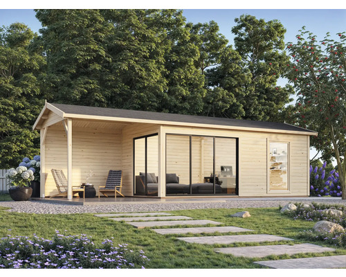 Modernes Gartenhaus aus Holz mit überdachter Veranda und Schiebetüren aus Glas