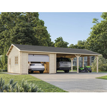 Garage mit Carport aus Holz mit zwei Autos und einem Rasenmäher