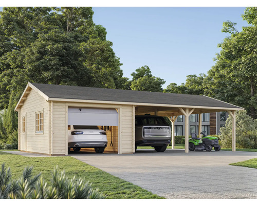 Holzgarage mit Carport, inklusive Auto und Rasenmäher