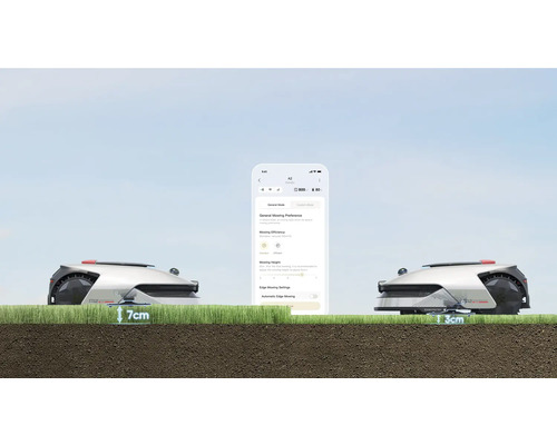 Zwei Rasenmähroboter mit einer Smartphone App zur Einstellung der Schnitthöhe.