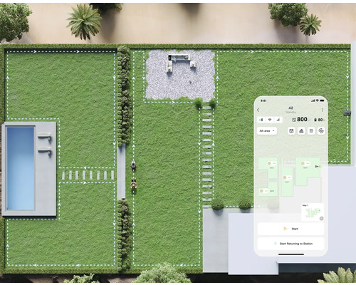Draufsicht auf einen Garten mit Rasenflächen, einem Pool, einer Terrasse und einem Smartphone mit einer App zur Steuerung eines Mähroboters.