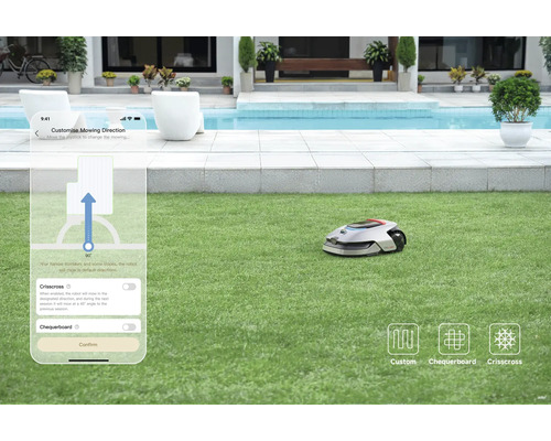 Rasenmähroboter mit Smartphone App zur Mährichtungseinstellung auf Rasenfläche