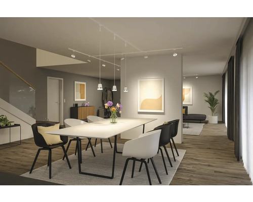 Helles Wohnzimmer mit Esstisch, Stühlen und Beleuchtungssystem