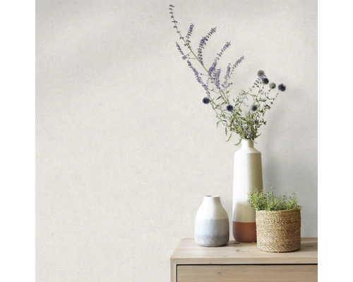 Dekorative Vasen und eine Pflanze auf einem Holztisch vor einer Wand