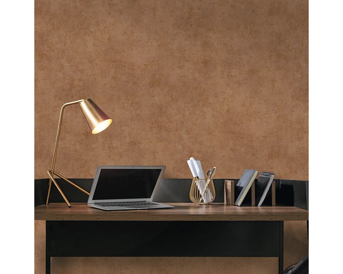 Arbeitsbereich mit Schreibtisch, Lampe, Laptop und Bürobedarf vor einer braunen Wand