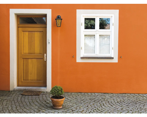 Fassade eines Hauses mit Holztür und Fenster