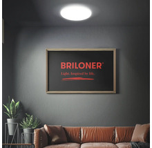 Zimmer mit einer runden Deckenleuchte und einem Bild über einem Sofa.