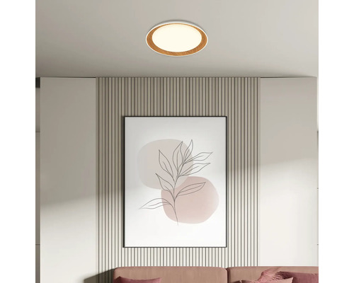 Moderne Deckenleuchte mit Holzrahmen in einem stilvollen Wohnzimmer.