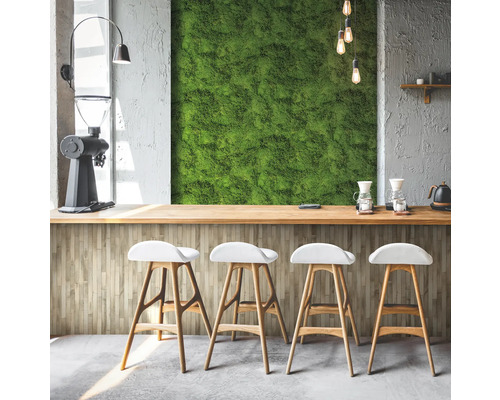 Helle Bar mit Mooswand, Kaffeemühle und Barhockern für eine freundliche Atmosphäre.