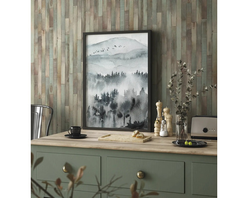 Dekoratives Bild mit Berglandschaft in Schwarz-Weiss auf Kommode