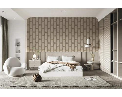 Schlafzimmer mit Bett, Nachttisch, Sessel und Dekor in einem hellen und modernen Design.