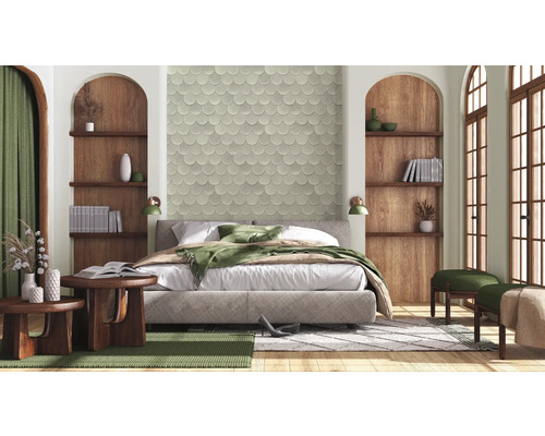 Helles Schlafzimmer mit Bett, Holzregalen, Fenstern und dekorativen Elementen.