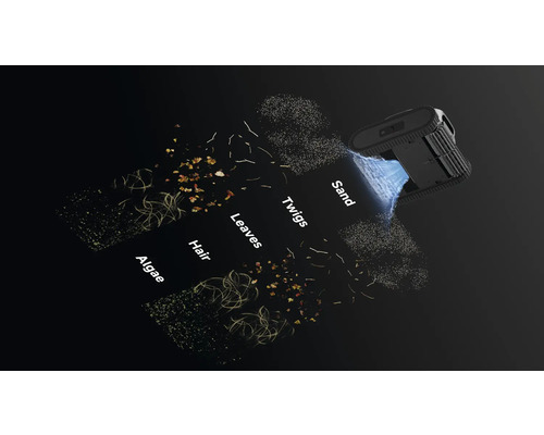 Illustration eines Poolreinigungsroboters, der Algen, Haare, Blätter, Zweige und Sand entfernt