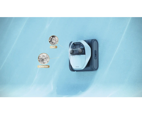 Poolreinigungsroboter mit Hinweisen auf Salz und Chlor