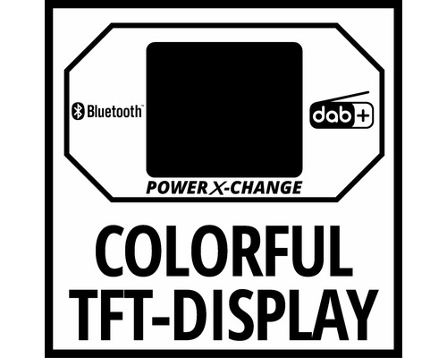 Bluetooth Symbol, DAB+ Symbol, Power X-Change Hinweis und Colorful TFT Display
