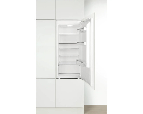 Integrierter Kühlschrank mit offener Tür und mehreren Glasablagen.