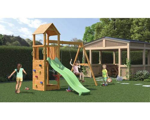 Spielplatz mit Kletterwand, Rutsche, Schaukel und Pavillon im Garten