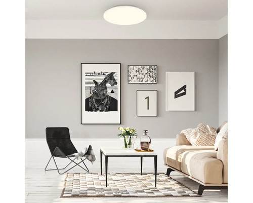 Wohnzimmer mit Deckenleuchte und diversen Möbeln