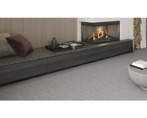 Wohnzimmer mit Kamin, Dekoration und grauem Teppichboden.