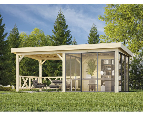 Holzgartenhaus mit Terrasse und Glasschiebetüren im Garten