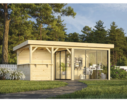 Gartenhaus mit Veranda und Glasfront im Garten