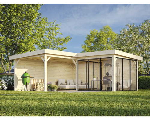 Holz Gartenhaus mit Grill, Brennholz und Sitzgelegenheiten im Garten